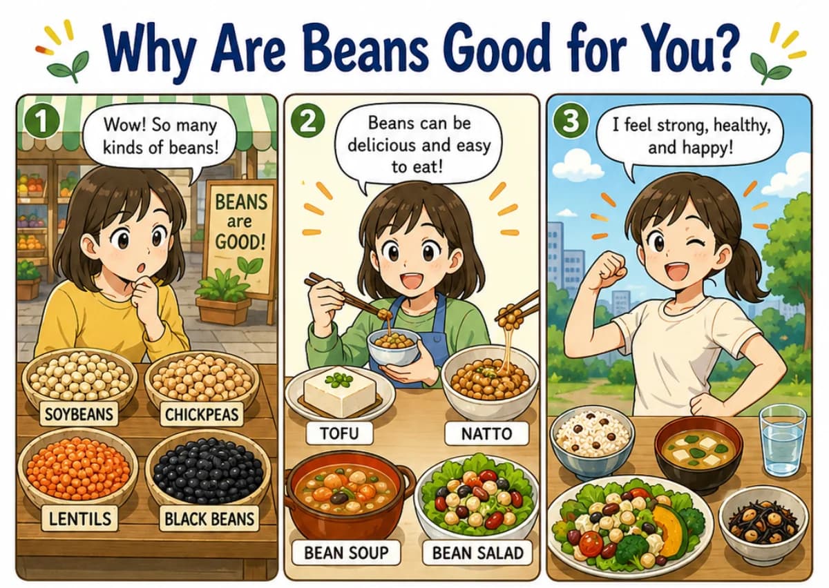 Three-panel illustration about why beans are good for you